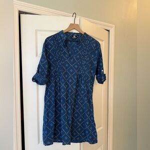 Madison Matthew’s indigo patterned dress